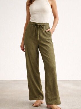 ZARA Olive Green Textured Wide Leg Pants XL Zip & Tie Waist Relaxed Chic